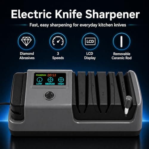 Electric Knife Sharpener for Knives, Scissors, Axes, 5-in-1 Multi-Function Sharpener with Adjustable Speed, 3-Stage Diamond Grinding, Ceramic Polishing Rod, LCD Display - Thumbnail 2