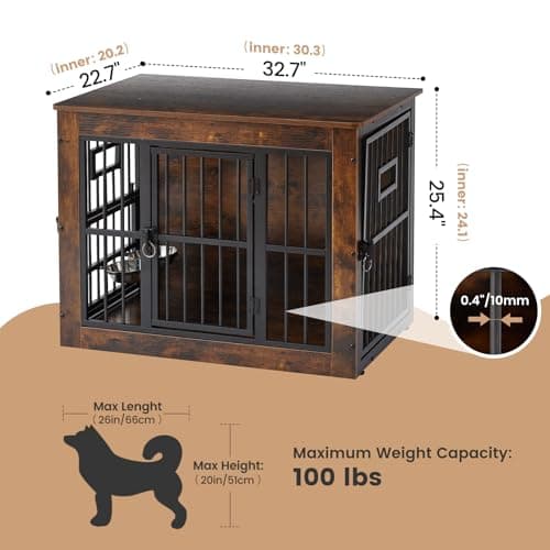 32 Inch Heavy Duty Dog Crate Furniture for Medium/Small Dogs, Decorative Pet House End Table with 3 Doors & Adjustable Bowls, Wooden Cage Kennel Furniture Indoor, Rustic Brown - Thumbnail 2