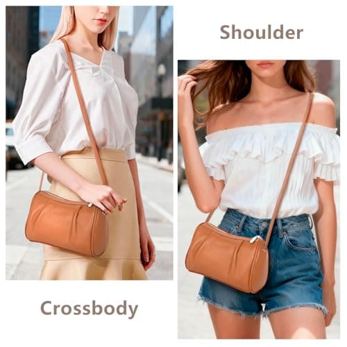 Soft Real Leather Hobo for Women Brown Designer Small Barrel Crossbody Purse for Weekend Errands Coffee Dates Casual Outings & Market - Thumbnail 3