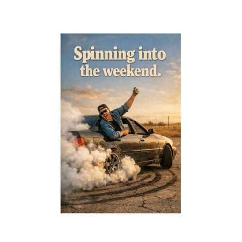 Spinning Into the Weekend Vintage Tin Sign Funny Weekend Wall Decor Retro Car Burnout Art Metal Plaque Party Humor Garage Man Cave Home Wall 8x12 Inch Pre Drilled Holes - Image 1