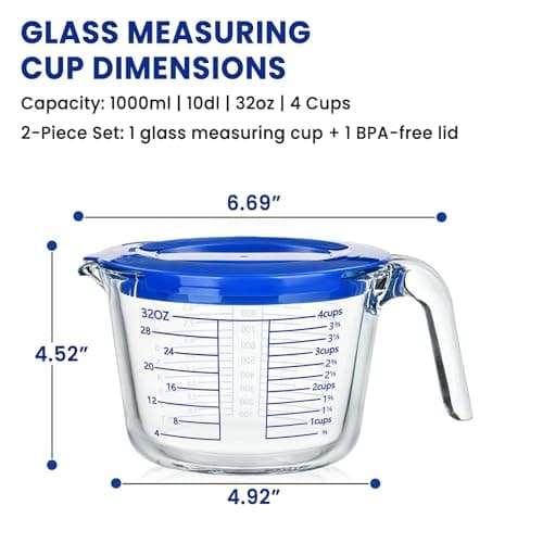 Glass Measuring Cup, 4 Cup Measuring Cup with Lid, High Borosilicate Liquid Measuring Cups with Easy-Read Scale for Cooking and Baking, Dishwasher/Freezer/Microwave Safe - Thumbnail 2
