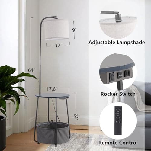 YJSQOEOE Floor Lamp with Cat Bed and Charging Station, Adjustable Lampshade, 3 Color Temperatures, Remote & Rocker Switch Control, Standing Lamp with USB & AC Outlets for Living Room Bedroom, Gray - Thumbnail 3