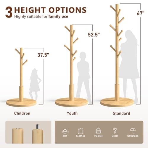 ACIPENSER Coat Rack Freestanding Wooden Coat Tree Stand with 8 Round-tip Hooks, 3 Adjustable heights Coat Hat Rack for Entryway,Bedroom,Hallway,Office (Natural) - Thumbnail 2