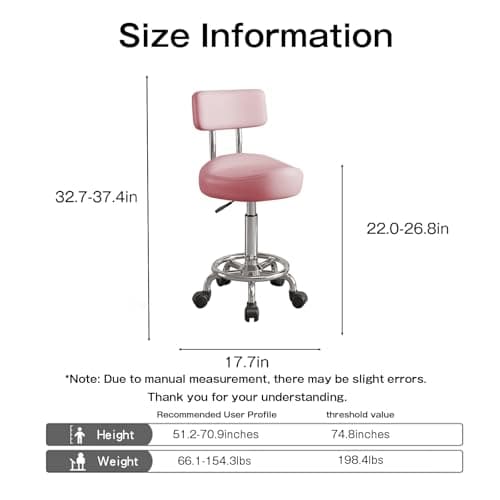 Walktory Vanity Chair with Back Small Armless Office Chair with Wheels and Footrest, PU Leather Adjustable Height Swivel Chair for Bedroom, Home Office Pink - Thumbnail 2