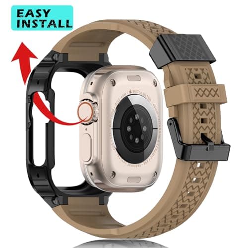 Deczone Band with Stainless Steel Case Compatible with Apple Watch Series Ultra 1 2 3 49mm Band, iwatch Bands Rugged Metal Protective Cover for Men (Tan) - Thumbnail 5