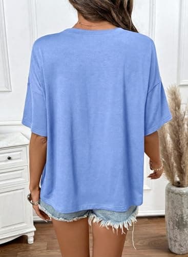 Dokotoo Womens Summer Tops Oversized Lace Cute Lace Short Sleeves Casual T-Shirts 2026 Tops Loose Fit Solid Color Plus Size Blouses Basic Tee Tops Beach Vacation Outfits,Sky Blue Medium - Thumbnail 6