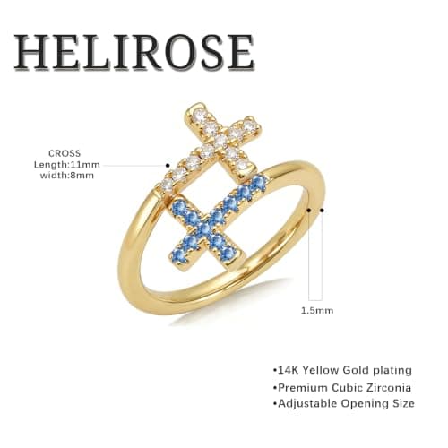 Helirose Adjustable Double Cross Ring for Women, 14K Gold Plated CZ Open Band, Non Tarnish Dainty Fashion Jewelry, Stackable Statement Ring, Valentines Day Gift for Her (Blue-White) - Thumbnail 3