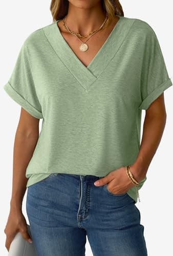GKBK Womens Short Sleeve T Shirts V Neck Loose Fit Shirts Summer Casual Basic Tee Tops LightGreen S - Thumbnail 5