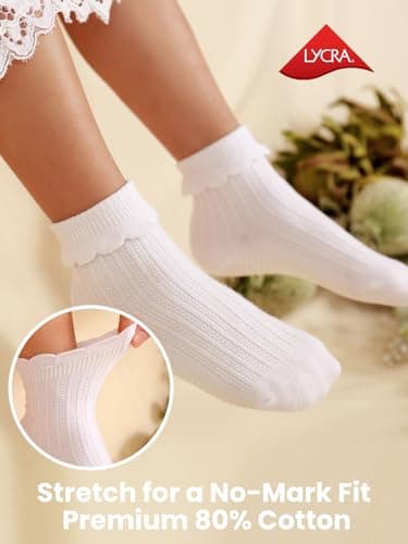 ALLOVIN 6 Pairs Non-Slip Ruffle Lace Socks for Baby & Toddler Girls – Soft Cotton Grip Socks | Off-white | 6-12 Months - Thumbnail 6