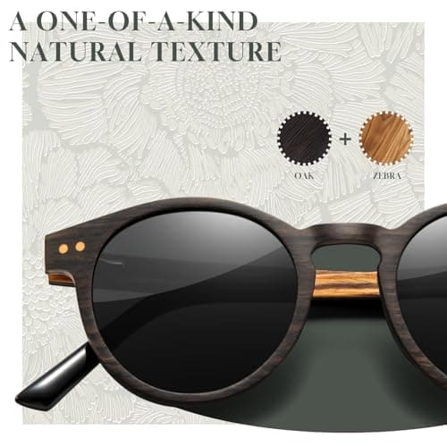 SUNGAIT Round Wood Polarized Sunglasses Women Men Vintage Retro Oak Walnut Rosewood Wooden Shades UV Protection (Oak Zebra Wood/Grey Lens) - Thumbnail 2