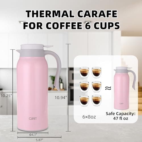 GiNT 51 Oz Stainless Steel Thermal Coffee Carafe, Double Walled Vacuum Insulated Flask, 12 Hour Heat Retention, 1.5 Liter Tea, Water, and Coffee Dispenser (Upgraded version Pink) - Thumbnail 6