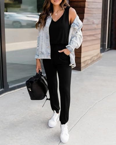 KIRUNDO Women 2026 Summer Jumpsuits Casual Sleeveless Drawstring Elastic Waist Romper Vacation Cruise Airport Travel Outfits(Black, Large) - Thumbnail 4