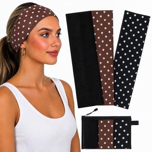 WENNKINN Headbands for Women Non Slip, Soft Elastic Cloth Hairband for Workout Gym Running Sports, Sweat Wicking Wide Headband, 3 Pack with Bag (Black, Brown)