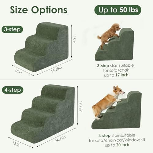 Olaivy Dog Stairs for Bed 17.7" H, 4-Step Dog Ramp for Aged and Injured Dogs, Up to 50 Lbs Foam Pet Stairs for Small Dogs and Cats to Get on Couch or Chair, Non-Slip, Steady, Washable Cover, Green - Thumbnail 2