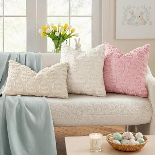 decorUhome Cream White Faux Fur Egg Throw Pillow Covers 18x18 Set of 2 - Thumbnail 3