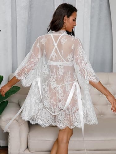 Rigeri White Lace Robe Sheer Chemise Bridal Lingerie For Women White XS - Thumbnail 5
