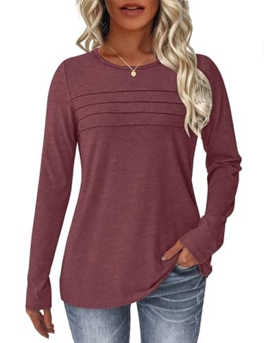NORACORA Womens Long Sleeve Tops Spring Round Neck Dressy Shirts Tunic Pleated Tees Business Casual T-Shirts Fall Goning Out Outfits Wine Red M - Image 1
