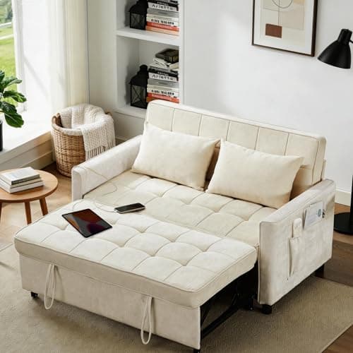 Tbfit 57" Chenille Convertible Sofa Bed, Full Size Loveseat Sleeper Sofa with USB & Type-C Port, Adjustable Backrest Loveseat for Living Room, Home Office, Apartment, Guest Room, White - Image 1