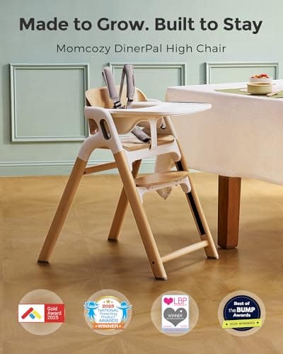 Momcozy DinerPal Wooden High Chair for Babies, Toddlers & Adults Up to 308 Lbs, Convertible Baby Highchair with Food-Grade Tray, Dishwasher-Safe, Adjustable & Ergonomic, Natural Wood - Thumbnail 2