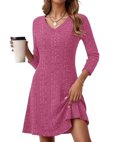 MOLERANI Sweater Fall Dresses for Women 2025 Long Sleeve V Neck Knit Short Dress - Christmas Party Dresses Lightweight Knee Length Swing Flowy, Rose Red, L - Image 1