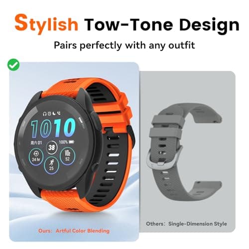 Velocarer Watch Band for Garmin Forerunner 265/Forerunner 255/Vivoactive 4/Venu 3/Venu 2, 22mm Quick Release Silicone Sport Bands, Orange & Black - Thumbnail 4