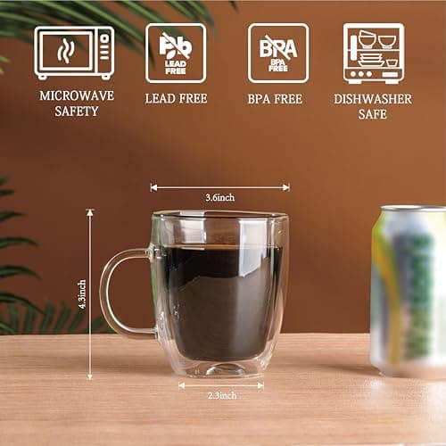 Wlasss Double Wall Insulated Glass Coffee Mugs set of 4-13 oz Clear Hand Blown Glass Coffee Cups with Handle for Cappuccino, Latte,Espresso,Tea Bags,Americano,Beverages, Gifts for Christmas - Thumbnail 2