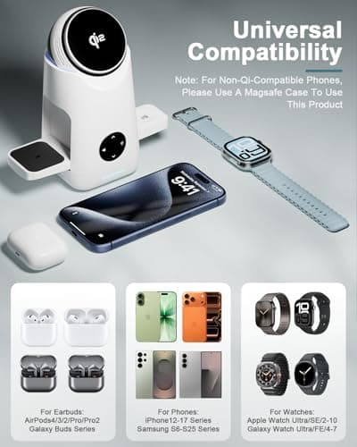 3-in-1 Charging Station for Apple & Samsung - Qi2 Certified 15W Rotating Wireless Mag-Safe Charger Stand for Apple - iPhone 17 16 15 14 13 12, AirPods, Apple & Galaxy Watch, Samsung S25 S24 Bud(White) - Thumbnail 4