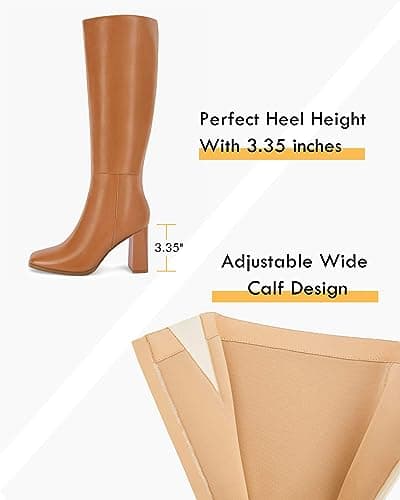 Coutgo Womens Square Toe Knee High Boots High Chunky Heel Side Zipper Faux Leather Winter Tall Boots - Thumbnail 4