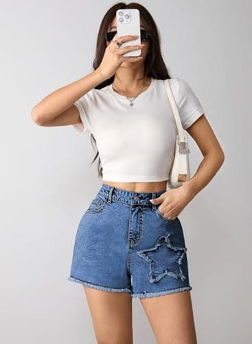 Pink Queen Women's Summer Jean Shorts 2026 Fashion Frayed Ripped Denim Shorts Casual Star/Bow Frayed Hem Hot Shorts with Pockets Dark Blue M - Thumbnail 6