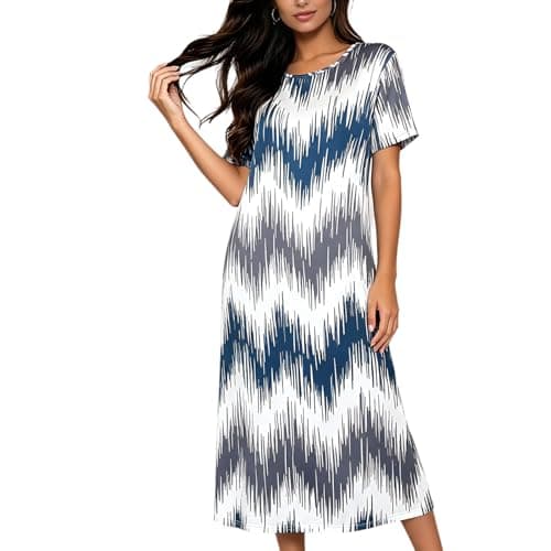 Eternatastic Women Short Sleeve Nightgown Crew Neck Loose House Dress Soft Comfy Long Nightshirts Sleepwear Loungewear Small Ikat Print - Image 1