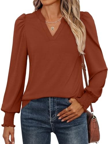 ANRABESS Women's Puff Long Sleeve Shirts V Neck Loose T-Shirts Dressy Casual Work Blouses 2026 Fall Tops Trendy Clothes Brown S - Image 1