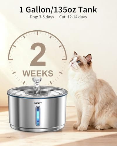 NPET Stainless Steel Cat Water Fountain, 1Gallon/135oz Automatic Pet Drinking Fountain Dog Water Dispenser Bowl with Water Level Window for Cats Indoor - WF210Plus - Thumbnail 2