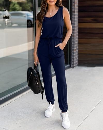KIRUNDO Women 2026 Summer Jumpsuits Casual Sleeveless Drawstring Elastic Waist Romper Vacation Cruise Airport Travel Outfits(Navy, Small) - Thumbnail 3