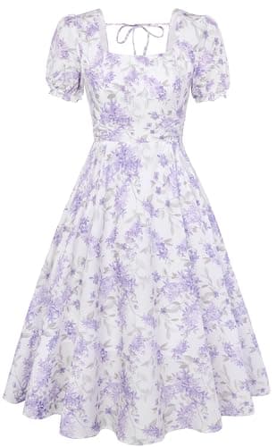 Belle Poque Purple Floral Vintage 1950s Cocktail Party Dress 2026 Summer Square Neck Flowy Baby Bridal Shower Dress S - Image 1