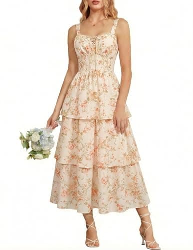 Corset Dress for Women Wedding Guest Floral Dresses Tiered Ruffle Maxi Cottagecore Dress Apricot Rose Size 8 - Image 1