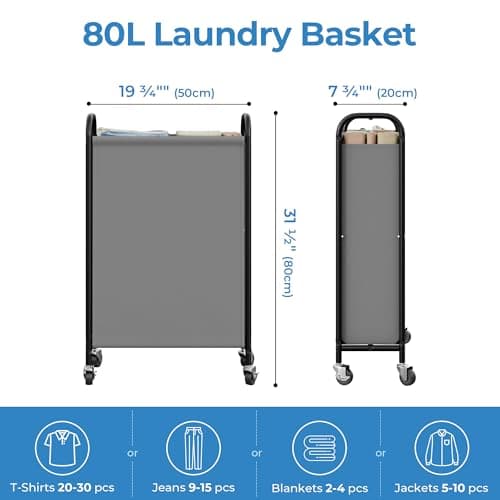 GRANNY SAYS 80L Slim Laundry Hamper with Silent Brake Wheels, Sturdy Metal Frame & Handle, Rolling Laundry Basket for Laundry Room, Bedroom, Bathroom, or RV – Suited for Singles or Couples, Grey - Thumbnail 2