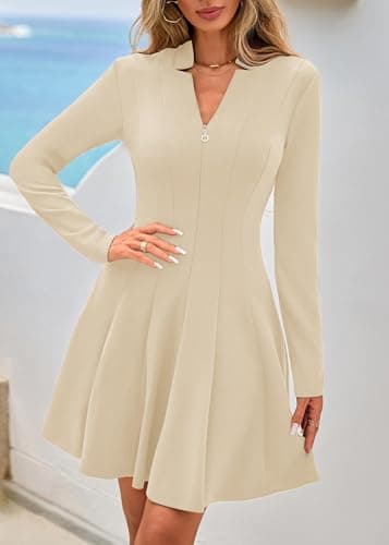 Lazysmile Fall Dresses for Women 2025 Long Sleeve V Neck Half Zip A Line Swing Casual Party Club Mini Short Dress Apricot - Thumbnail 4
