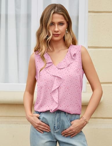 Aprolive Womens Business 3/4 Sleeve V Neck Ruffle Office Work Shirt Ladies Cute Flowy Trendy Concert Fashion Vests(Pink Floral,Large) - Thumbnail 2