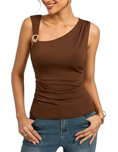 Kate Kasin Women's Coffee Ruched Going Out Tank Top, Sleeveless Asymmetrical Tops, Y2K Concert Vacation Outfits for Summer - Image 1