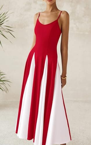 PRETTYGARDEN Spaghetti Strap Backless Spring Dresses for Women 2026 Flowy Maxi Dresses Sleeveless Wedding Guest Dress (Red White, X-Large) - Thumbnail 6