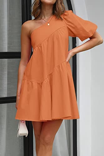 KIRUNDO Summer One Shoulder Mini Baby Doll Dresses Women 2026 Casual Puff Sleeve Loose Tiered A Line Flowy Short Dress(Orange, Medium) - Thumbnail 3
