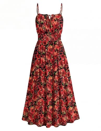 GRACE KARIN 2026 Women's Hawaiian Midi Sundress Summer Vacation Spaghetti Floral Clothes Boho Casual Dresses with Pockets Red Black Floral XL - Image 1