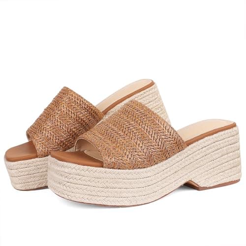 EQAUDES Wedge Sandals for Women Brown Platform Espadrilles Boho Wedges Slides - Summer, Raffia Straw, Flatform, Open Toe, Slip on,Beach, Comfortable - Image 1