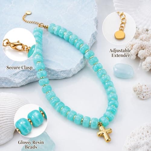 CelyBoutique Colorful Resin Chunky Beaded Necklace for Women Modern Statement Choker Necklace with Gold Tone Cross Pendant Boho Summer Jewelry Gift - Thumbnail 3