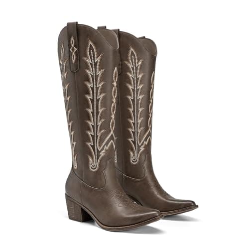 Athlefit Cowboy Boots for Women Cowgirl Western Knee High Comfortable Slip On Chunky Heel Square Toe Embroidered Fall Fashion Tall Dancing Boots Dark Brown Dark Brown Size 11 - Thumbnail 6