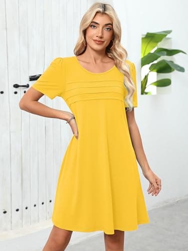 Heymoments Women's Short Sleeve Dress Yellow XX-Large Plus Size Crewneck Casual Flowy Above Knee Length Sundress Comfortable Shirt Work Summer Cheap Dresses with Pockets - Thumbnail 5