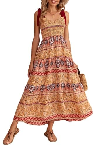 Dokotoo Women's Summer Maxi Dress Casual Boho Sleeveless Tie Strap 2026 Smocked Tiered Long Beach Sun Dresses Cruise Outfits,Orange Large - Image 1
