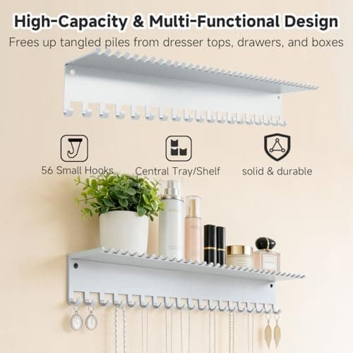 Conwithna Necklace Jewelry Holder Wall Hanging Organizer Hangers Storage Mounted Shelf with 56 Hooks Tray Display Girls Women Metal Door Earring Mount Key Chains Rack White - Thumbnail 2