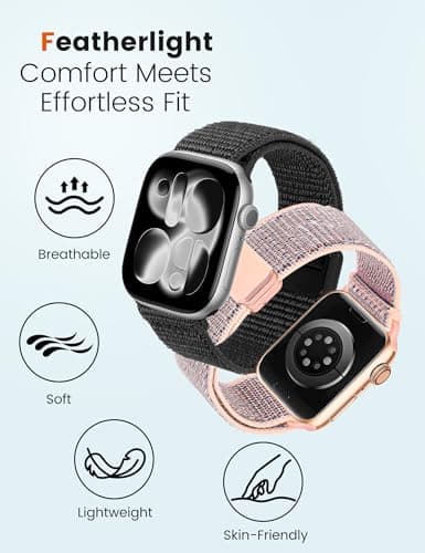 Crodi 2 Packs Nylon Loop Sport Bands Compatible with Apple Watch Band 44/45/46/49/42mm Women Men, Strong Magnetic Adjustable Straps for iWatch Series 11 10 9 8 7 6 5 4 SE/Ultra 3 2 1, Black&Pink Sand - Thumbnail 3