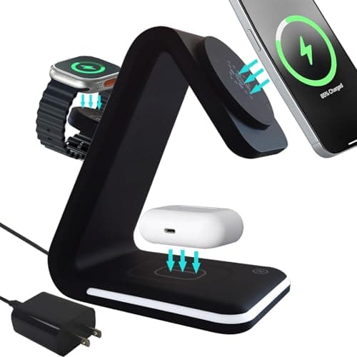 Yukrilt Magnetic Wireless Charger, 3 in 1 Charging Station with Nightlight, for Apple Magsafe iPhone 16/15/14/13/12, iWatch Series, AirPods Charger Stand(15W Adapter) - Image 1